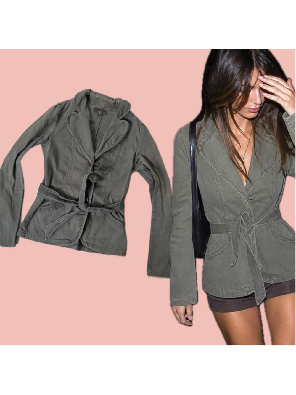 Vintage Khaki Belted Blazer Jacket Cotton Stretch Fitted S